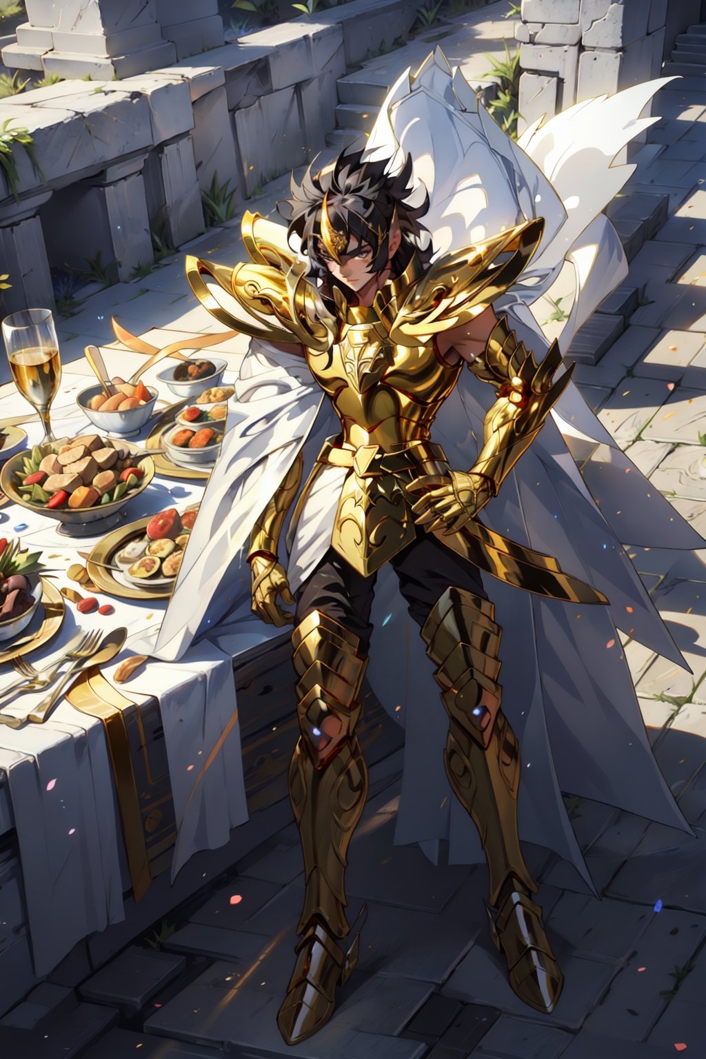 absurdres, highres, ultra detailed,Insane detail in face,  (boy:1.3), Gold Saint, Saint Seiya Style, (((Gold Armor))), Full body armor, no helmet, Zodiac Knights, (((white long cape))), black hair, Asian Fighting style pose,Pokemon Gotcha Style, gold gloves, long hair, long white cape, messy_hair, black eyes, black pants under armor, full body armor, beautiful old greek temple in the background, beautiful fields, full leg armor,FUJI,midjourney, battle_stance,More Detail, dinner table, thanksgiving dinner, 