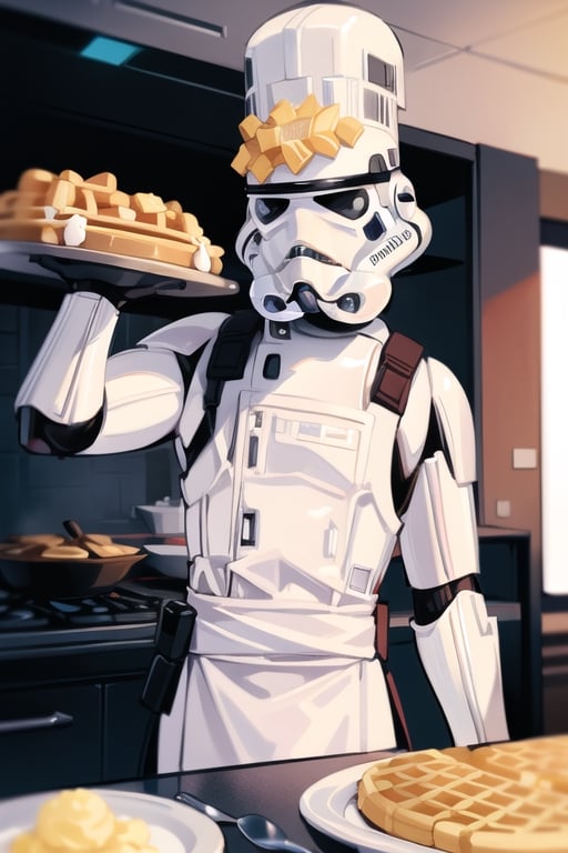 insane detail, masterpiece, storm trooper, making waffles,with a chef hat ,EpicLogo, big waffles, 