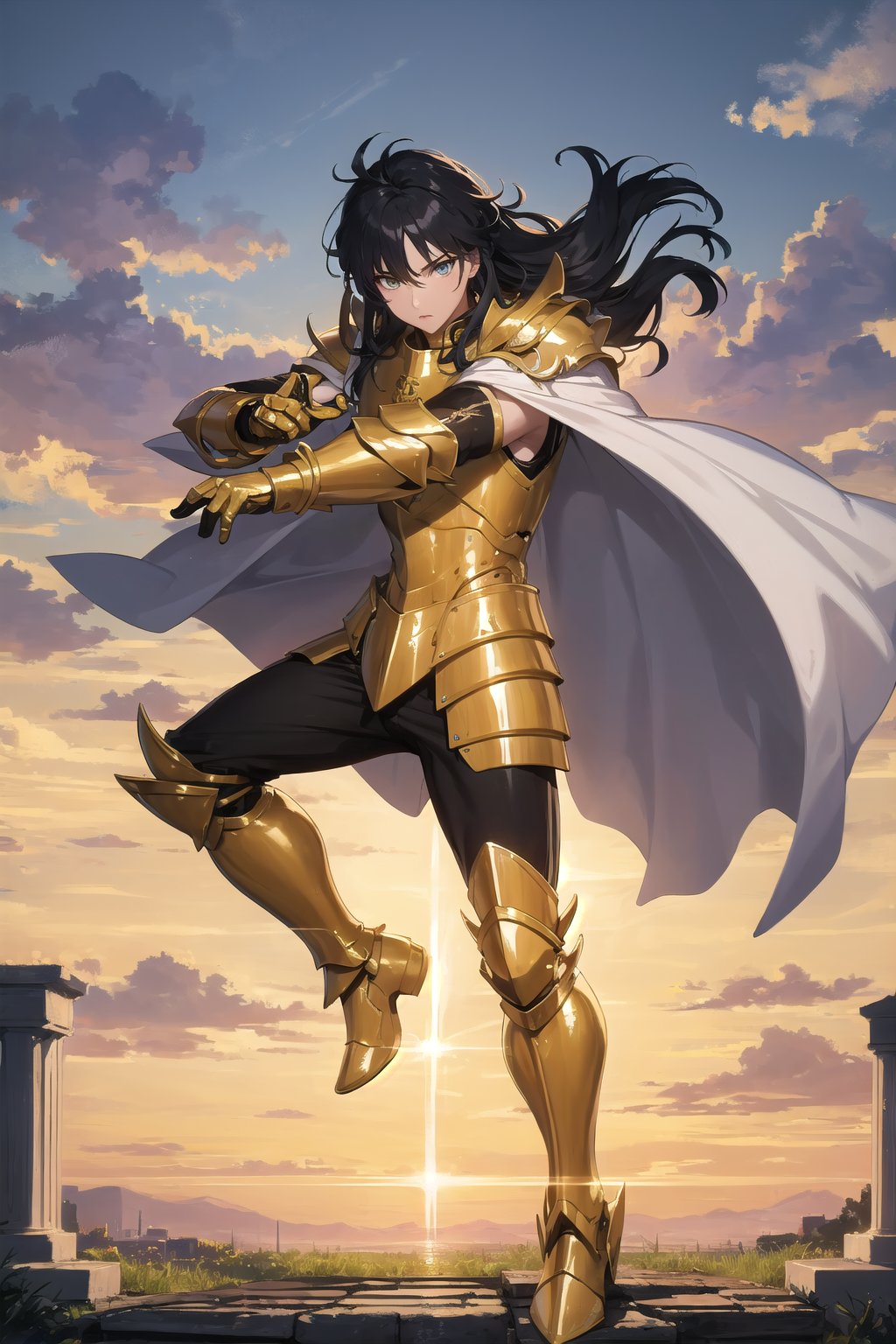 absurdres, highres, ultra detailed,Insane detail in face,  (boy:1.3), Gold Saint, Saint Seiya Style, Gold Armor, Full body armor, no helmet, Zodiac Knights, White long cape, black hair,  fighting pose,Pokemon Gotcha Style, gold gloves, long hair, white cape, messy_hair,  Gold eyes, black pants under armor, full body armor, beautiful old greek temple in the background, beautiful fields, full leg armor,