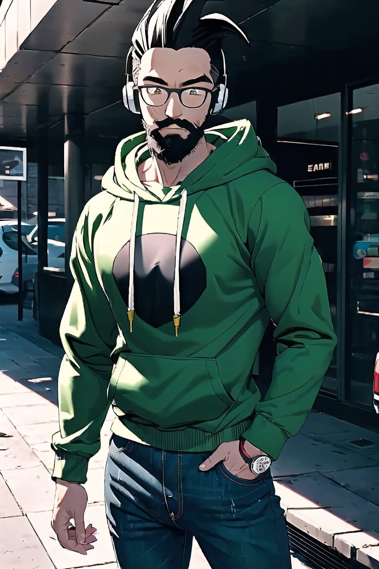 dbsuper style,extreme detail, cinematic light, beautiful image,  black shirt, snikers, 1boy, beard, glasses, tall, jeans, dark grey hair, big headphones, military green long sleeve hoodie, 
,ultrainstinct,,FUJI