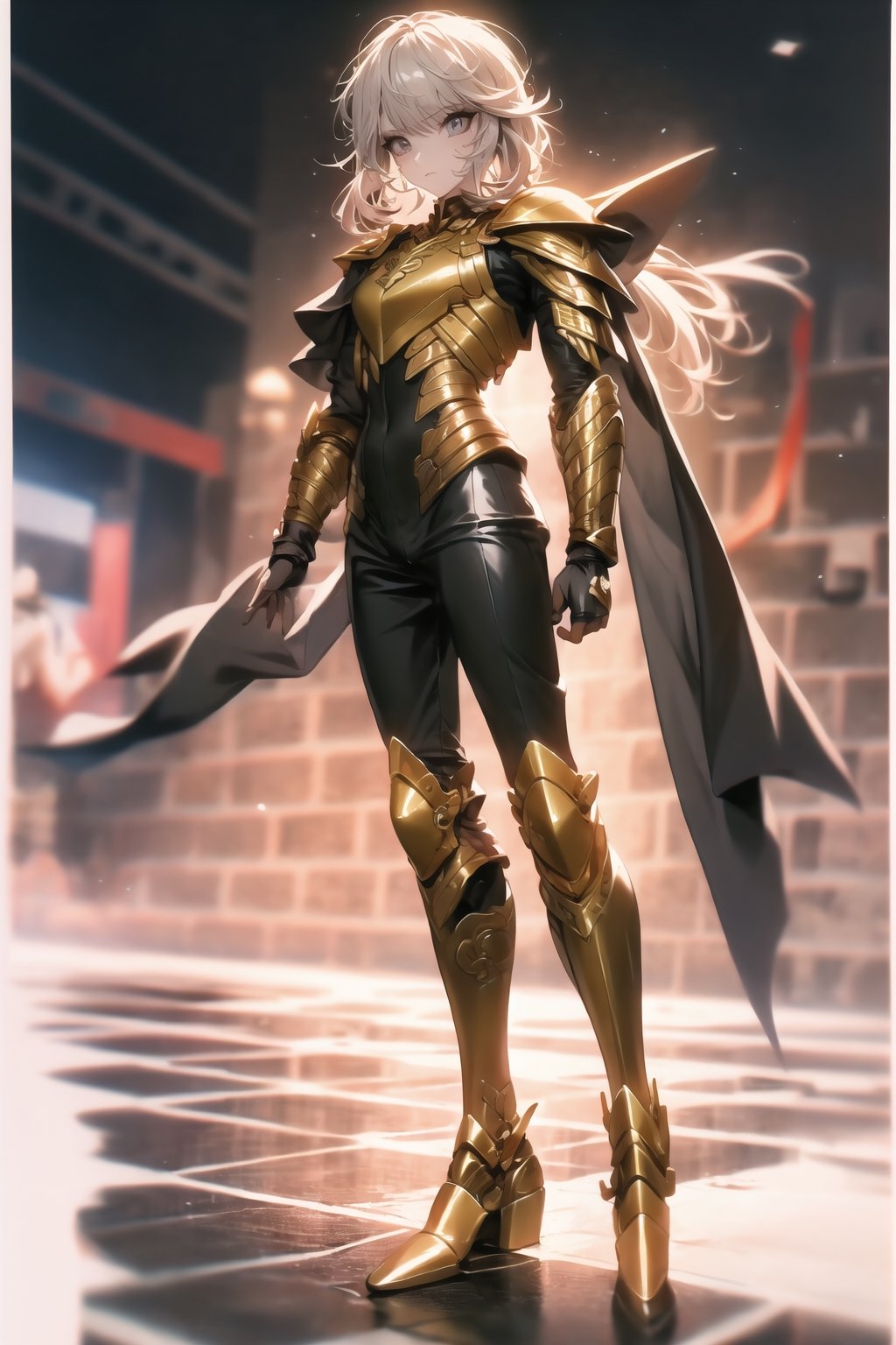 absurdres, highres, ultra detailed,Insane detail in face, ((boy:1.3)), Gold Saint, Saint Seiya Style, Gold Armor, Full body armor, no helmet, Zodiac Knights, Grey hair, fighting pose,Pokemon Gotcha Style, gold gloves, long hair, white long cape, messy_hair, Gold eyes, black pants under armor, full body armor, beautiful old greek temple in the background, beautiful fields, insane detail full leg armor, god aura, sagittarius armor, Elysium fields, ready for battle,FUJI,midjourney, insane detail in armor, ,Film(/FUJI/),GI Lynette