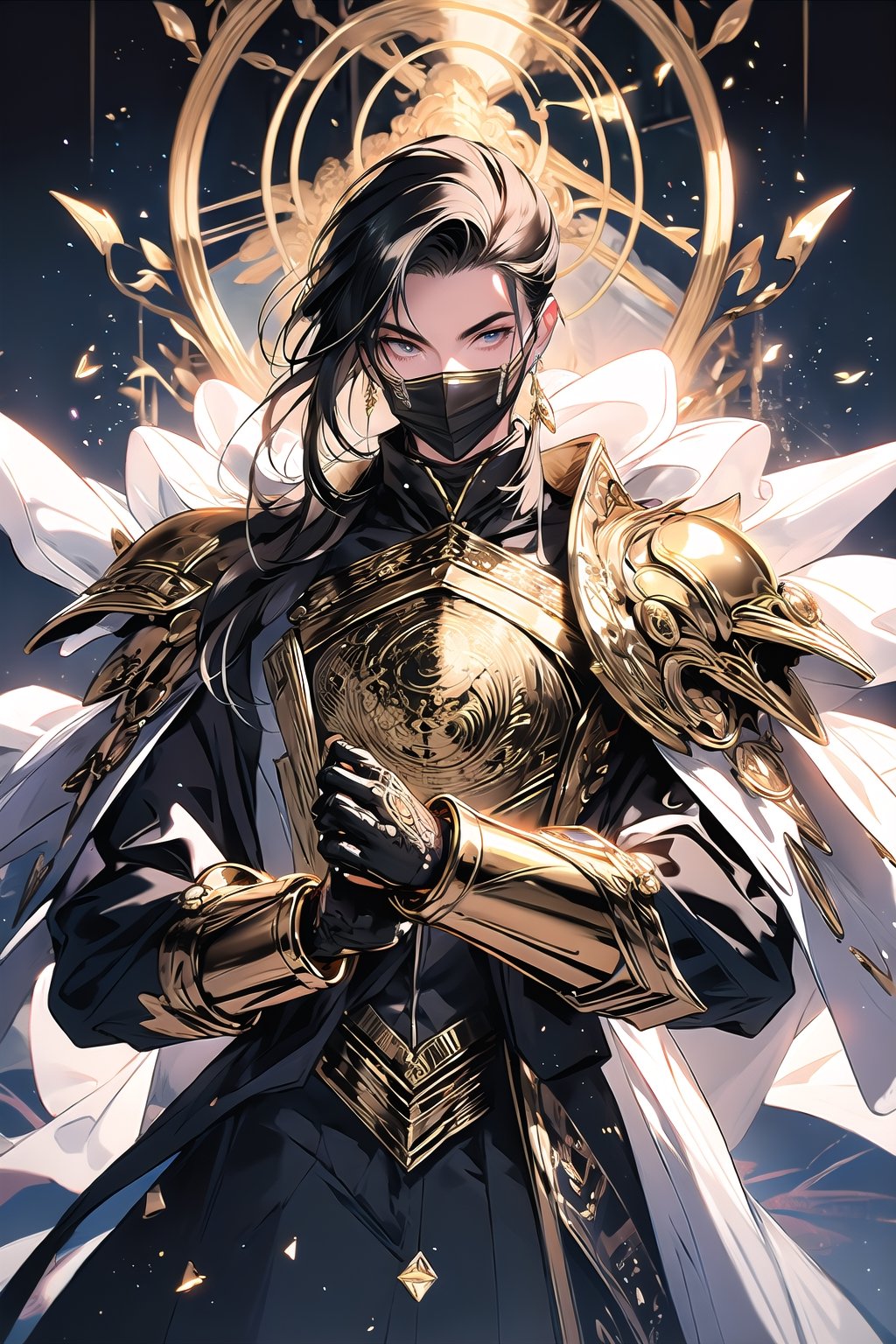 masterpiece, best quality, photorealistic, raw photo, (1boy, looking at viewer), ((extreme long hair)), mechanical gold armor, intricate armor, delicate gold filigree, intricate filigree, gold metalic parts, detailed part, dynamic pose, detailed background, dynamic lighting, black Hair, Grey eyes, black metalic facemask, beutiful city in the background, night time