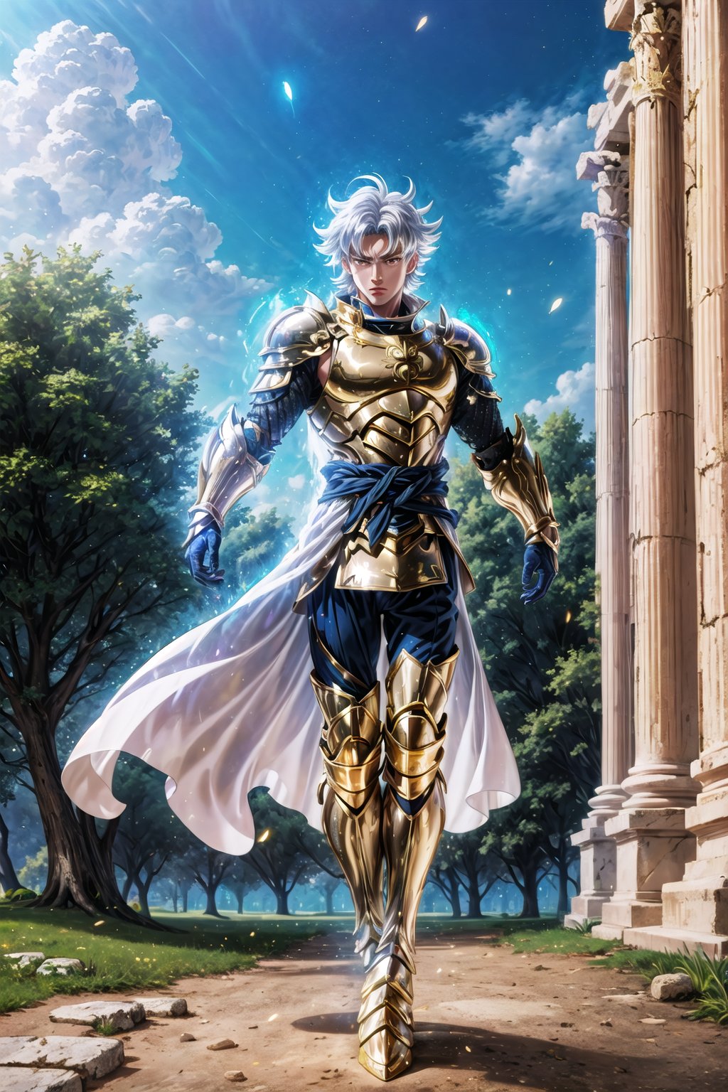 absurdres, highres, ultra detailed,Insane detail in face,  (boy:1.3), Gold Saint, Saint Seiya Style, Gold Armor, Full body armor, no helmet, Zodiac Knights, white long cape, long white hair, Fighting pose,Pokemon Gotcha Style, gold gloves, long hair, long white cape, messy_hair,  Gold eyes, black pants under armor, full body armor, beautiful old greek temple in the background, beautiful fields, full leg armor, gold aura