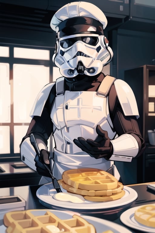 insane detail, masterpiece, storm trooper, making waffles,with a chef hat ,EpicLogo, big waffles, 