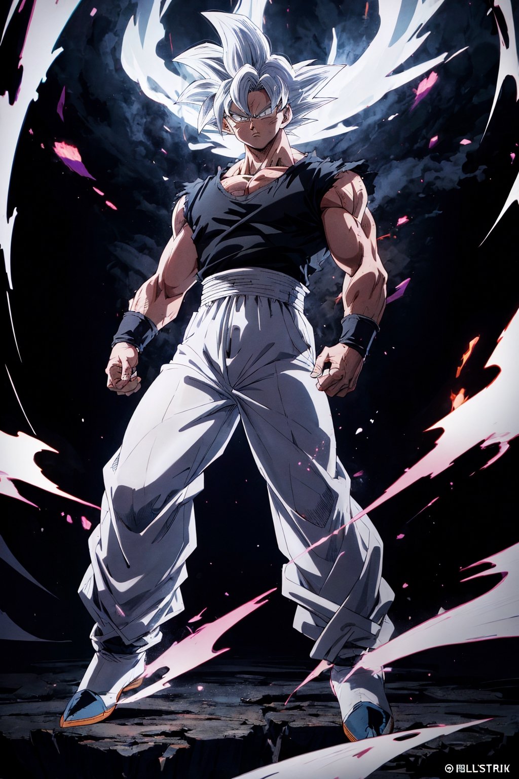 highly detailed, masterpiece, high quality, beautiful, full-body shot, son goku, son goku standing, ultra instinct, aura power, black t-shirt, ((white pants)), Insane detail in face, serious expression, closed mouth, slim, arms down, charging power, grey eyes, white hair