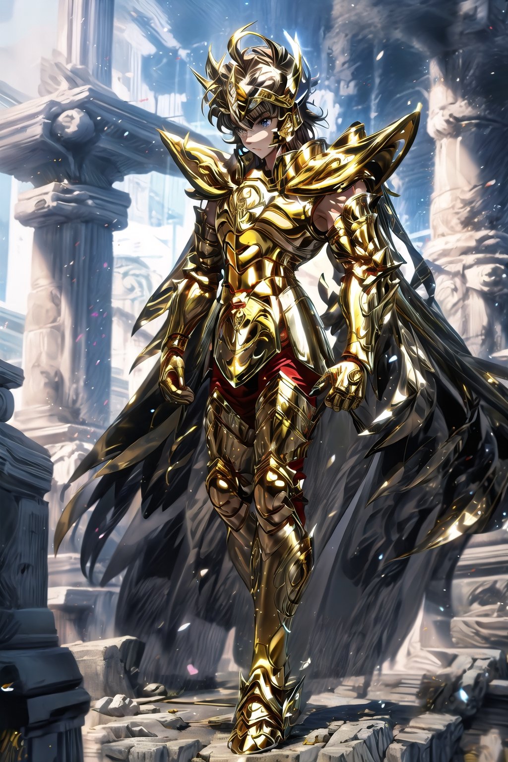 absurdres, highres, ultra detailed,Insane detail in face,  (boy:1.3), Gold Saint, Saint Seiya Style, Gold Armor, Full body armor, no helmet, Zodiac Knights, white long cape, brown hair, Asian Fighting style pose,Pokemon Gotcha Style, gold gloves, long hair, long white cape, messy_hair,  Gold eyes, black pants under armor, full body armor, beautiful old greek temple in the background, beautiful fields, full leg armor, ultrainstinct,FUJI,midjourney