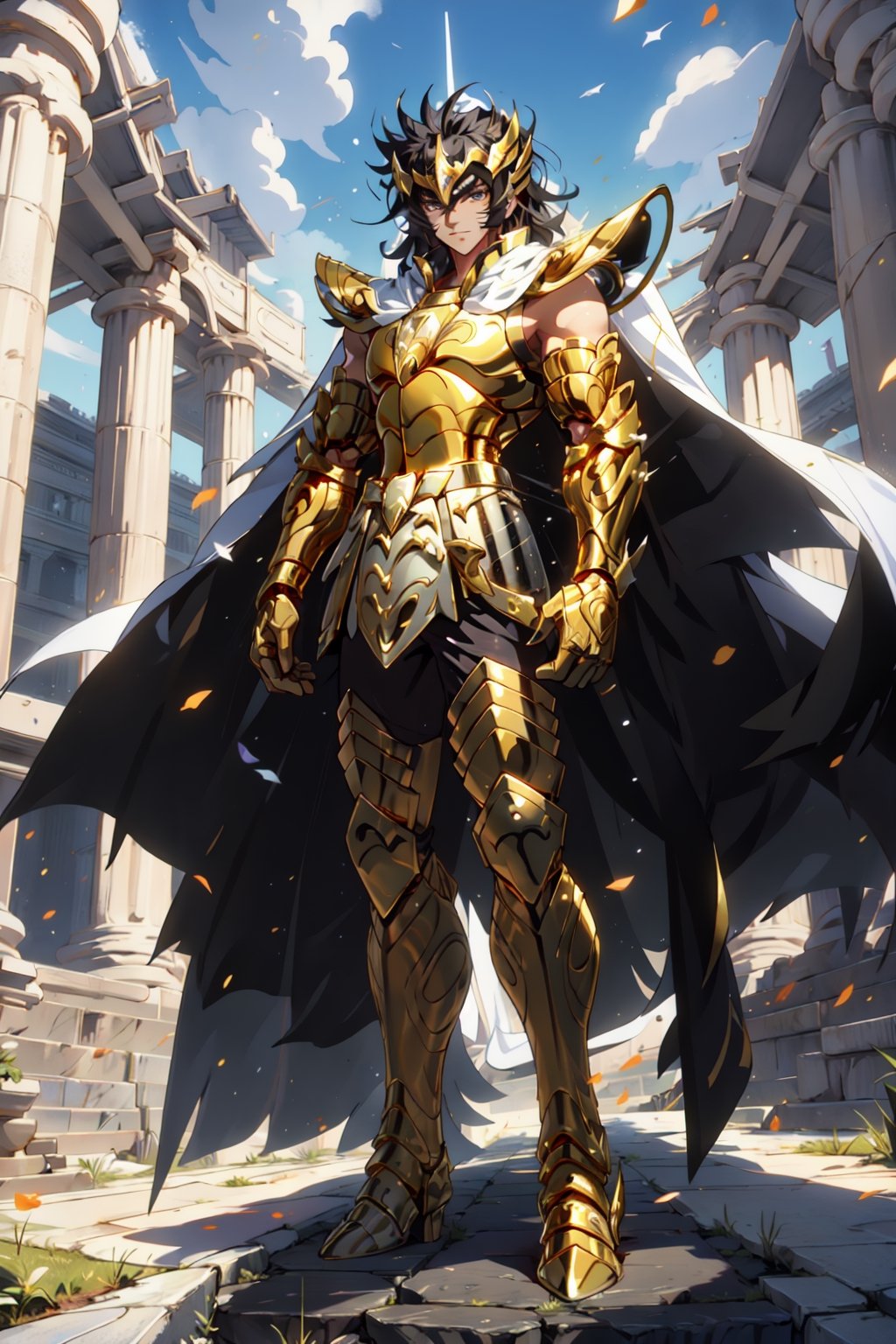 absurdres, highres, ultra detailed,Insane detail in face,  (boy:1.3), Gold Saint, Saint Seiya Style, (((Gold Armor))), Full body armor, no helmet, Zodiac Knights, (((white long cape))), black hair, Asian Fighting style pose,Pokemon Gotcha Style, gold gloves, long hair, long white cape, messy_hair, black eyes, black pants under armor, full body armor, beautiful old greek temple in the background, beautiful fields, full leg armor,FUJI,midjourney, battle_stance,