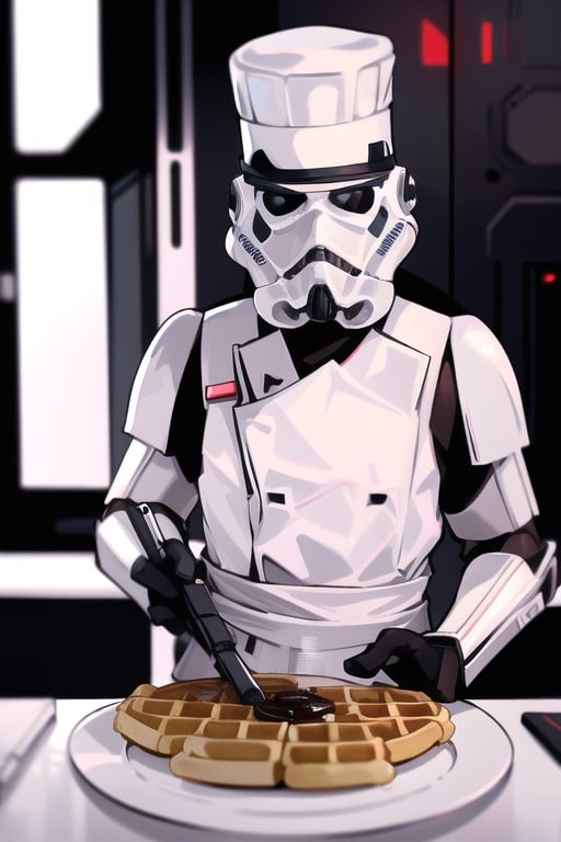 insane detail, masterpiece, clone trooper, making waffles,((with a chef hat)) ,EpicLogo, big waffles, delicious maple syrup ,star wars