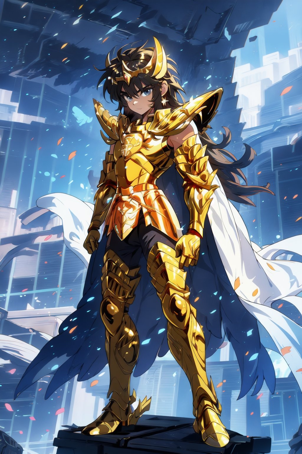 absurdres, highres, ultra detailed,Insane detail in face,  (boy:1.3), Gold Saint, Saint Seiya Style, (((Gold Armor))), Full body armor, no helmet, Zodiac Knights, (((white long cape))), black hair, Asian Fighting style pose,Pokemon Gotcha Style, gold gloves, long hair, long white cape, messy_hair, black eyes, black pants under armor, full body armor, beautiful old greek temple in the background, beautiful fields, full leg armor,FUJI,midjourney, battle_stance,4rmorbre4k