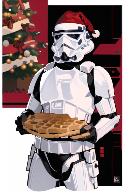 insane detail, masterpiece, clone trooper, making waffles,((with an x-mas hat)) ,EpicLogo, big waffles, delicious maple syrup ,star wars