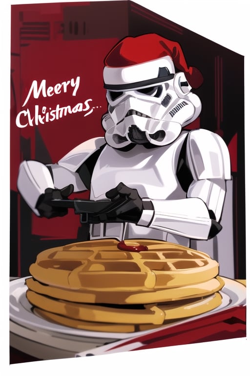 insane detail, masterpiece, clone trooper, making waffles,((with an x-mas hat)) ,EpicLogo, big waffles, delicious maple syrup ,star wars