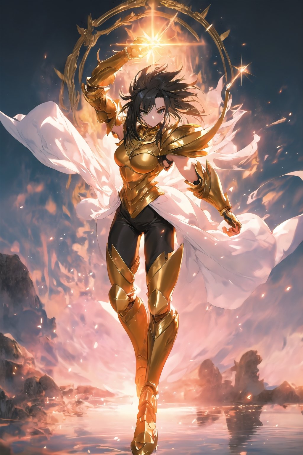 absurdres, highres, ultra detailed,Insane detail in face, (girl:1.3), Gold Saint, Saint Seiya Style, Gold Armor, Full body armor, no helmet, Zodiac Knights, black hair, fighting pose,Pokemon Gotcha Style, gold gloves, long hair, white long cape, messy_hair, Gold eyes, black pants under armor, full body armor, beautiful old greek temple in the background, beautiful fields, insane detail full leg armor, god aura, sagittarius armor, Elysium fields, ready for battle,FUJI,midjourney