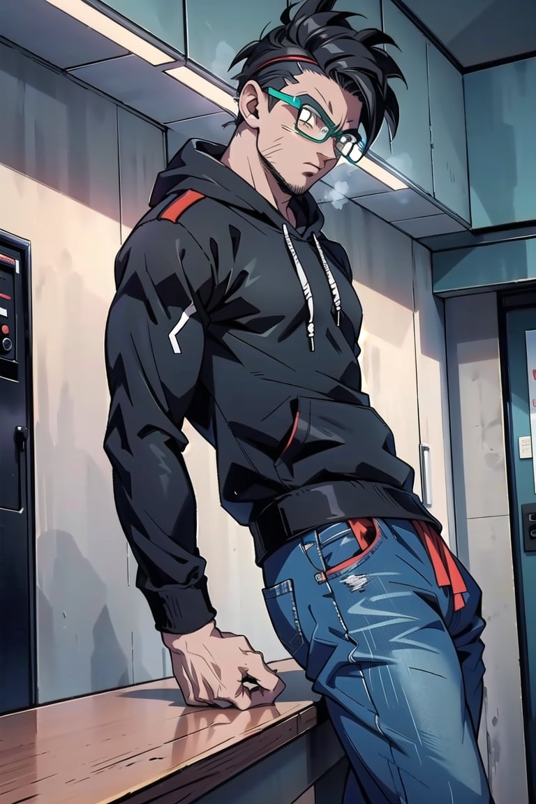 dbsuper style,extreme detail, cinematic light, beautiful image,  black shirt, snikers, 1boy, complete beard, glasses, tall, jeans, dark grey hair, big headphones, military green long sleeve hoodie, slighty_chubby
,ultrainstinct