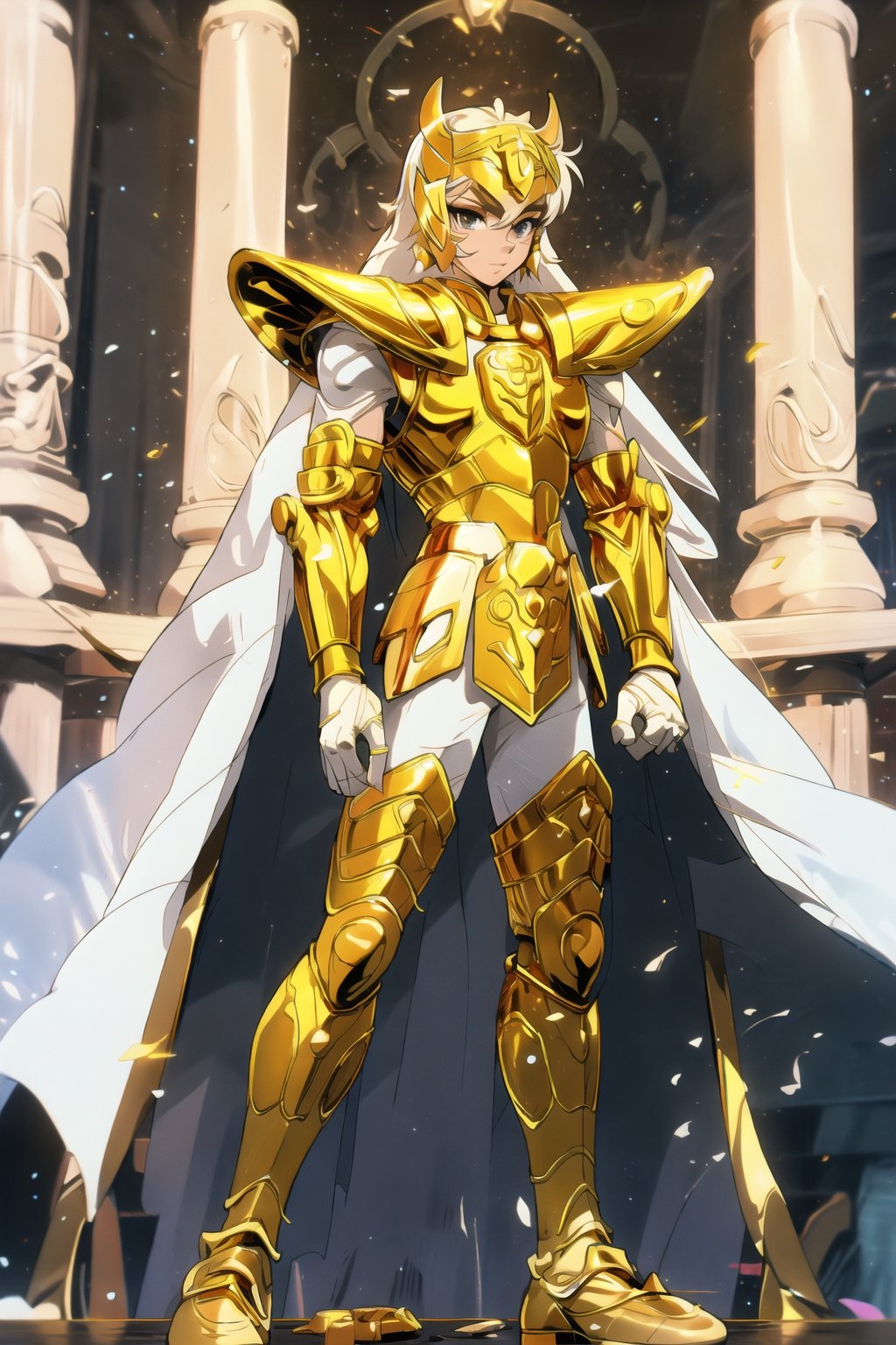 absurdres, highres, ultra detailed,Insane detail in face,  (boy:1.3), Gold Saint, Saint Seiya Style, (((Gold Armor))), Full body armor, no helmet, Zodiac Knights, (((white long cape))), black hair, Asian Fighting style pose,Pokemon Gotcha Style, gold gloves, long hair, long white cape, messy_hair, black eyes, black pants under armor, full body armor, beautiful old greek temple in the background, beautiful fields, full leg armor,FUJI,midjourney, battle_stance,4rmorbre4k,White_Ranger