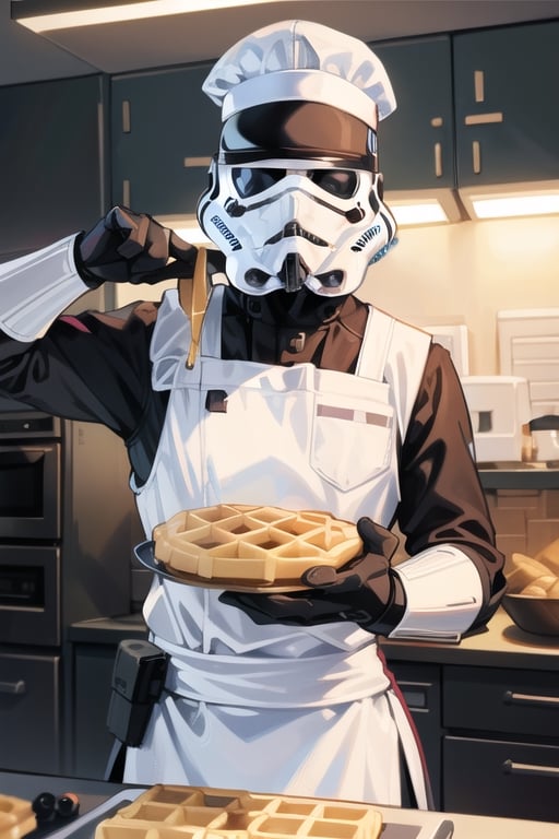 insane detail, masterpiece, storm trooper, making waffles,with a chef hat ,EpicLogo, big waffles, 