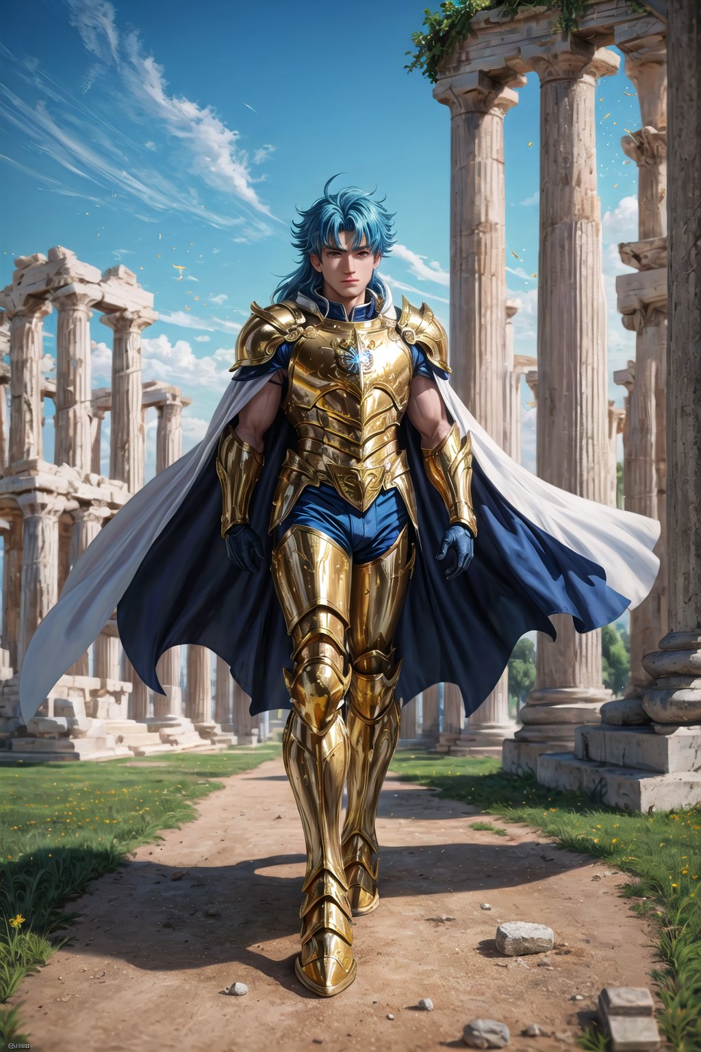 absurdres, highres, ultra detailed,Insane detail in face,  (boy:1.3), Gold Saint, Saint Seiya Style, Gold Armor, Full body armor, no helmet, Zodiac Knights, White long cape, blue hair,  fighting pose,Pokemon Gotcha Style, gold gloves, long hair, white cape, messy_hair,  Gold eyes, black pants under armor, full body armor, beautiful old greek temple in the background, beautiful fields, full leg armor,