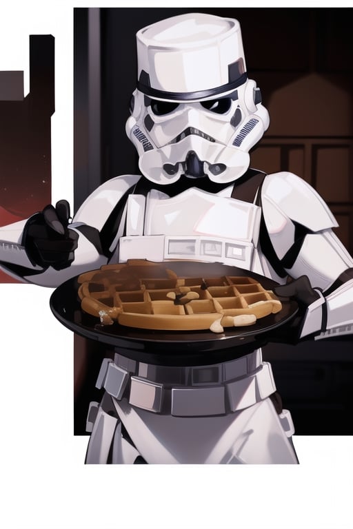 insane detail, masterpiece, clone trooper, making waffles,((with a chef hat)) ,EpicLogo, big waffles, delicious maple syrup ,star wars