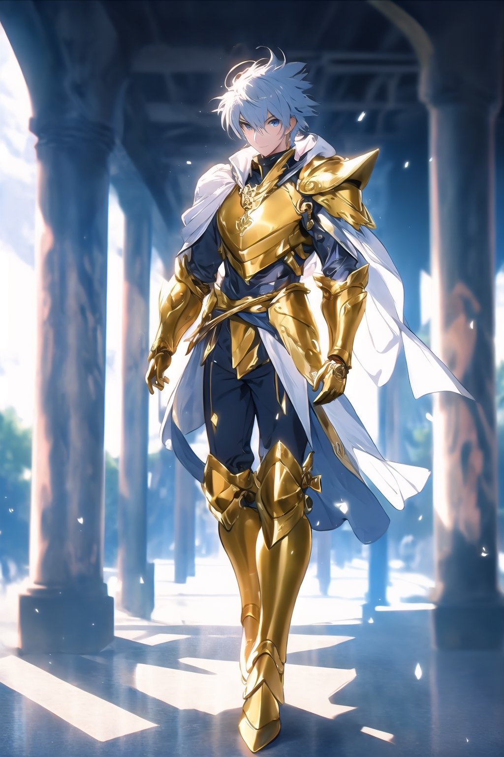 absurdres, highres, ultra detailed,Insane detail in face,  (boy:1.3), Gold Saint, Saint Seiya Style, Gold Armor, Full body armor, no helmet, Zodiac Knights, White long cape, grey hair,  standing still,Pokemon Gotcha Style, gold gloves, long hair, white cape, messy_hair,   light_blue_eyes, blue pants under armor, full body armor, beautiful old greek temple in the background, beautiful fields, insane detail full leg armor, god aura, sagittarius armor, Elysium fields
,FUJI,midjourney