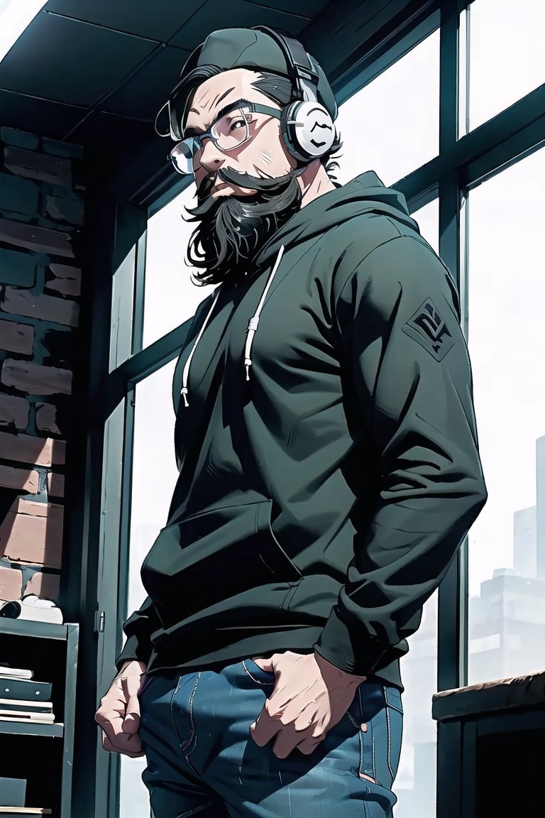 dbsuper style,extreme detail, cinematic light, beautiful image,  black shirt, snikers, 1boy, ((complete beard)), glasses, tall, jeans, dark grey hair, big headphones, military green long sleeve hoodie, slighty_chubby
,ultrainstinct, black hat