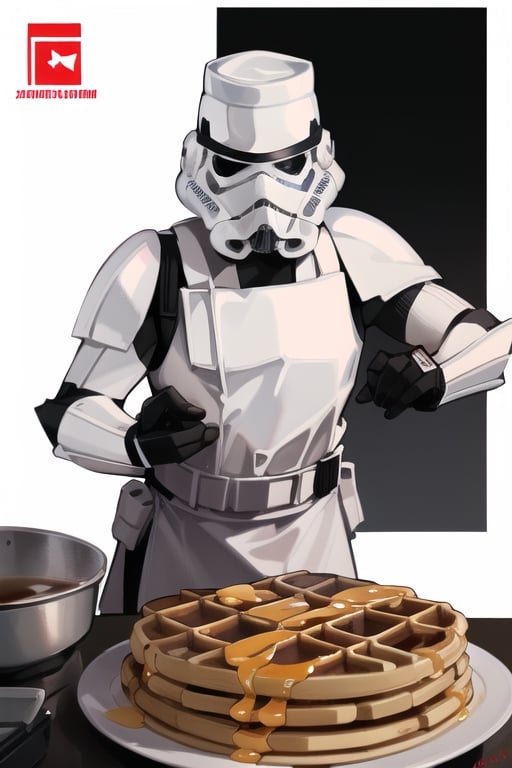 insane detail, masterpiece, clone trooper, making waffles,((with a chef hat)) ,EpicLogo, big waffles, delicious maple syrup ,star wars