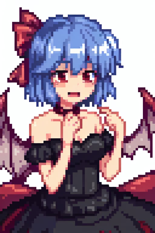 the anime girl, Touhou Remilia Scarlet, wears a black wedding dress, happy tears