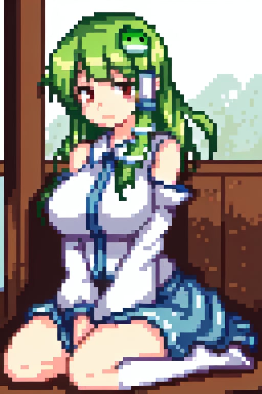 the anime girl, Touhou Sanae Kochiya, with large breasts, a seiza-style sitting posture, with 2 arms, 2 legs