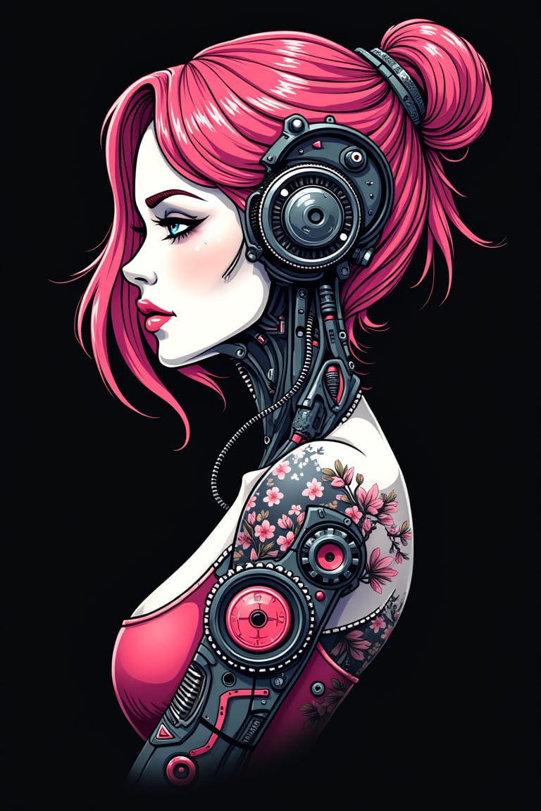 Futuristic Mechanical Elegance T-shirt design cyberpunk art, cute girl beautiful LADY, WHITE face, half body ILLUSTRATION with robotic steampunk design for old-school style tattoos, PINK HAIR, black BACKROUND, logo type , centred isometric 