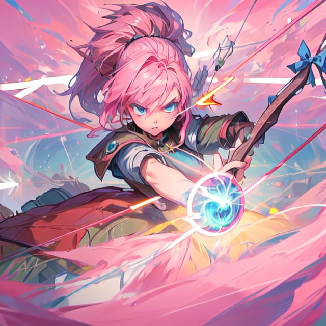 masterpiece, well detailed face and eyes,((an archer with pink hair and blue eyes who points an energy arrow at the viewer)), serious look, bow, energy arrow, detailed background, 5 fingers, hand and fingers well detailed,no_humans