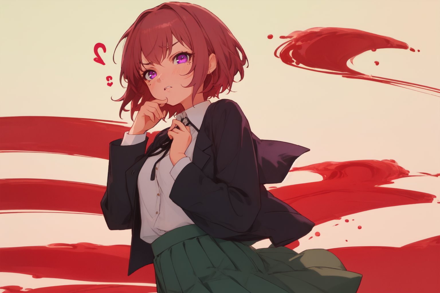 a girl, short hair, bangs, blush hair, claret eyes, pout, Skirt dark green, Blouse eggplant, Jacket alice blue