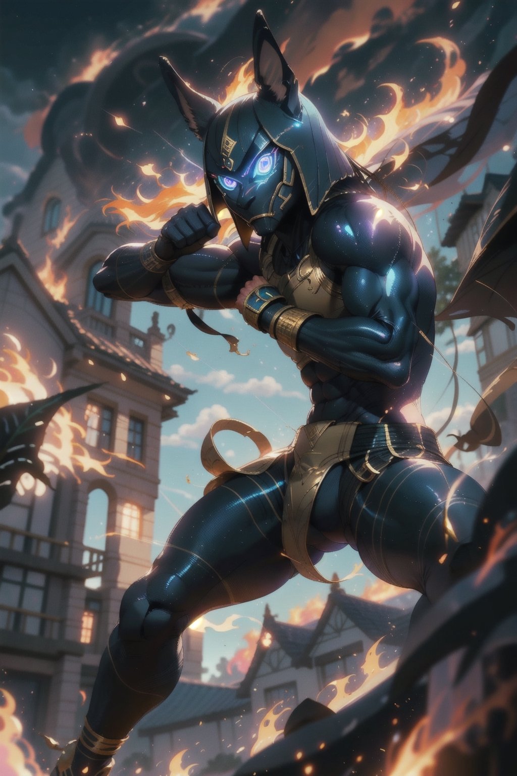 Anubis as muay thai fighter, blue glowing eyes, dynamic position, action_pose, aura, blurry_background, house in fire in background,cloudstick,Savage_Design,High detailed 