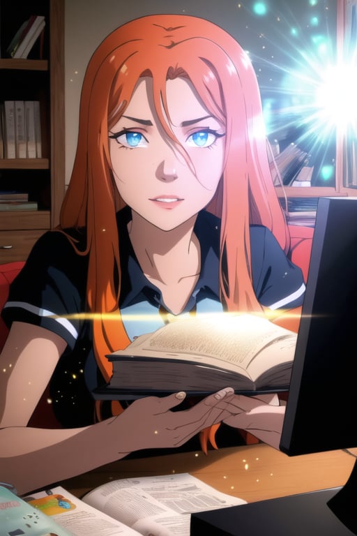young woman, (beautiful detailed eyes:1.2), beautiful face, (glowinig eyes:1.2), (aura:1.1), orange_hair, long_hair, she is at her department, waking up,  light_particles, light_day, there is a sofa, desktop and a bookseller
