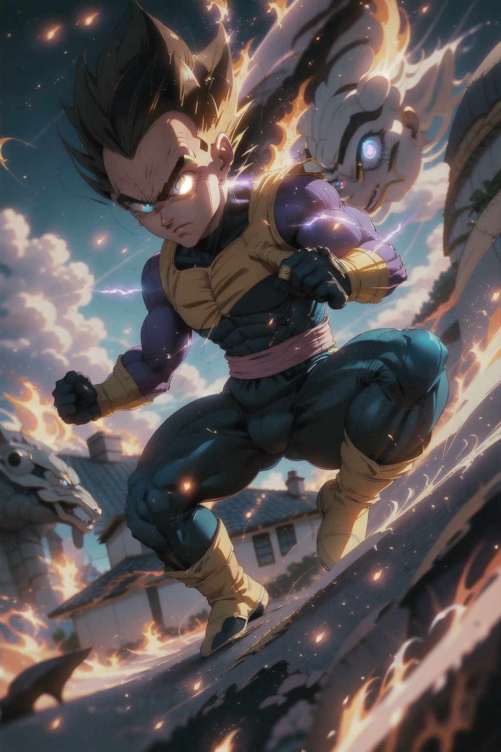Vegeta from Dragon Ball Z, blue glowing eyes, dynamic position, action_pose, aura, blurry_background, house in fire in background,cloudstick,Savage_Design,High detailed 