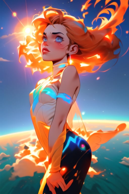 Astral form of curiosity, beautiful face, imagination, orange, blue, purple and white neon colors, full body on the image, she is flying in the sky, sun rises at the background