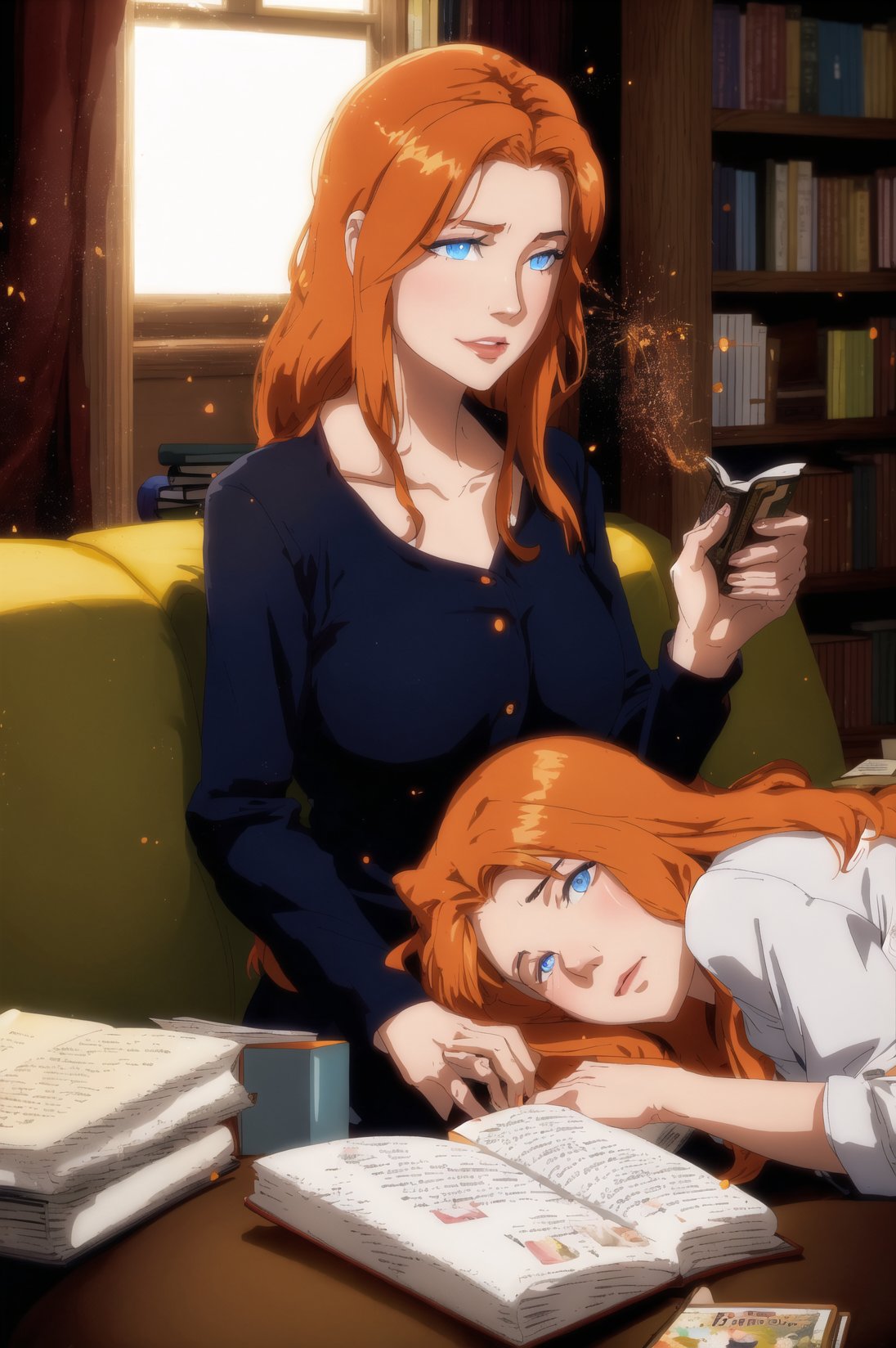 young woman, (beautiful detailed eyes:1.2), (glowinig eyes:1.2), (aura:1.1), orange_hair, morning_hair, long_hair, she is at her department, waking up,  light_particles, light_day, there is a sofa, desktop and a bookseller
