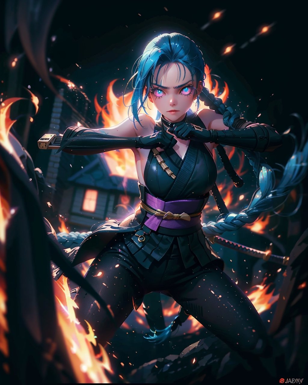 (1girl),a woman holding a katana, blue glowing eyes, dynamic position, action_pose, aura, blurry_background, house in fire in background,adstech,cloudstick,JinxLol