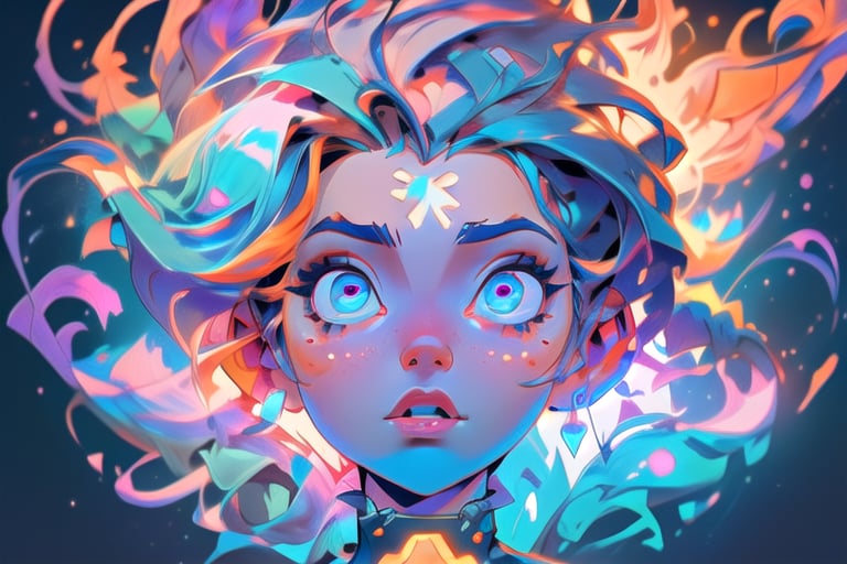 Astral form of curiosity, beautiful face, detailed eyes, imagination, orange, blue, purple and white neon colors, full body, floating in the sky, sunrises ath the background, EnvyBeautyMix23