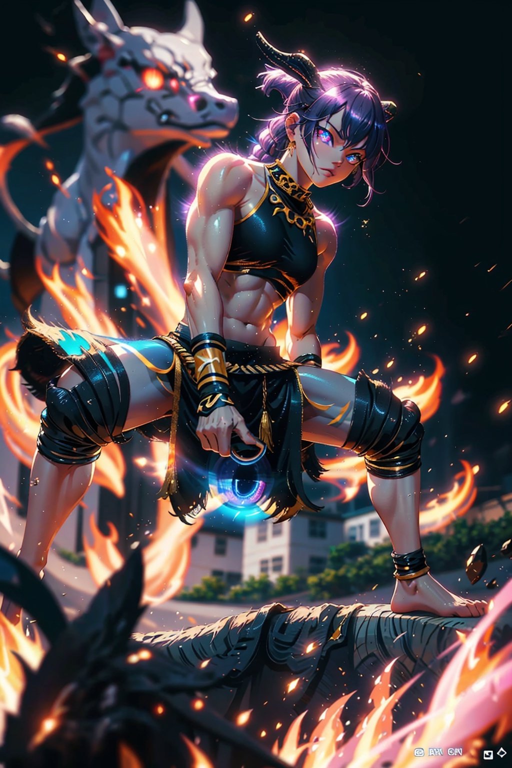 A muay thai fighter, blue glowing eyes, dynamic position, action_pose, aura, blurry_background, house in fire in background,cloudstick,Savage_Design