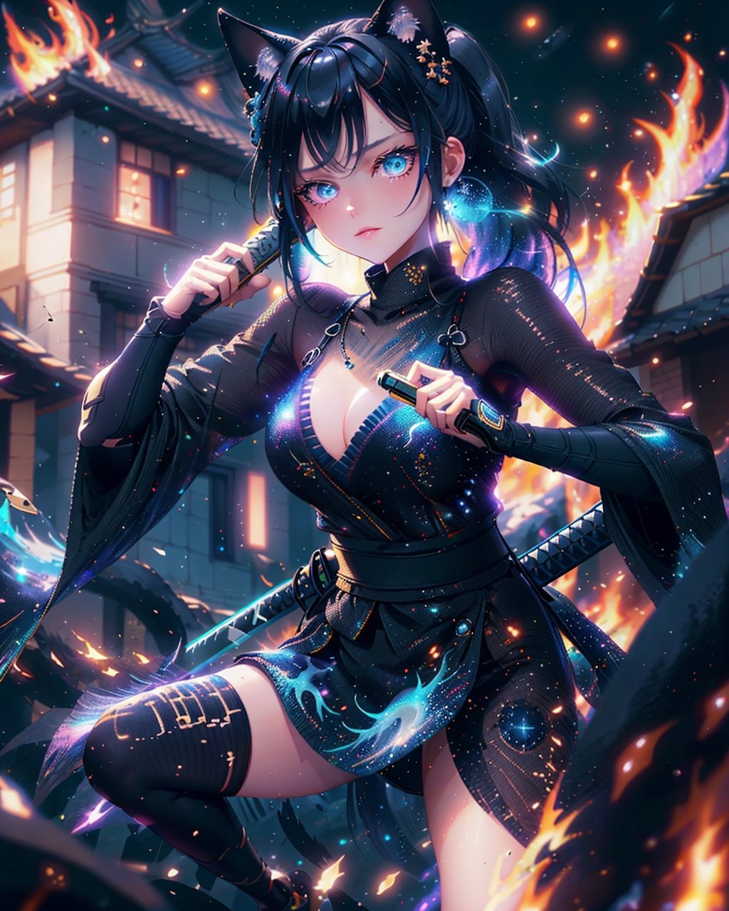(1girl),a woman holding a katana in one hand and having blue flames coming out of her eyes, dynamic position, action_pose, aura, blurry_background, house in fire in background,adstech,cloudstick