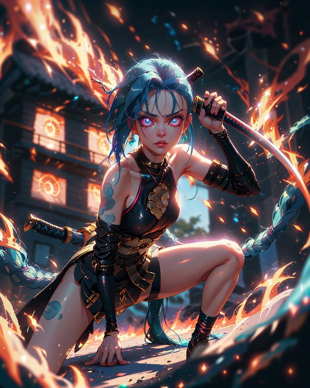 (1girl),a woman holding a katana, blue glowing eyes, dynamic position, action_pose, aura, blurry_background, house in fire in background,JinxLol,Savage_Design