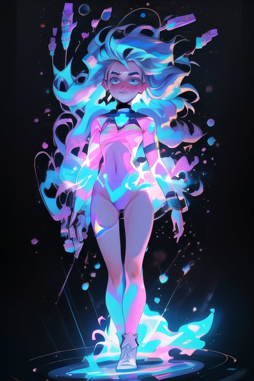 Astral form of curiosity, beautiful face, imagination, orange, blue, purple and white neon colors, full body on the image, she is floating in the space, battle position, blackhole at the background