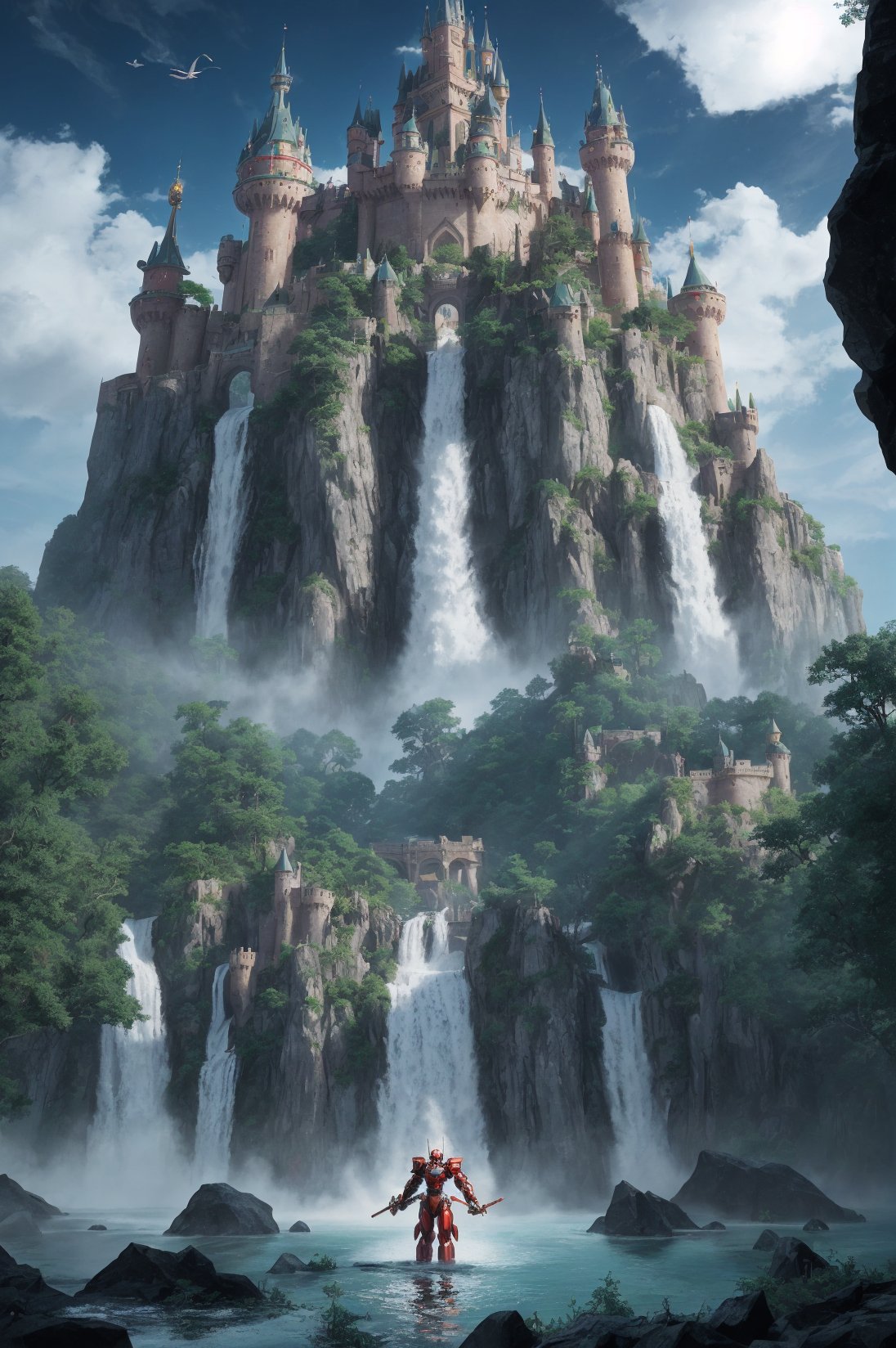 8K portrait of a red mecha-monkey holding a martial arts crosier. He is at the top of a magestic waterfall from a island in the sky. The stage at the background merges with various islands  floating with castles consumed by vegetation.