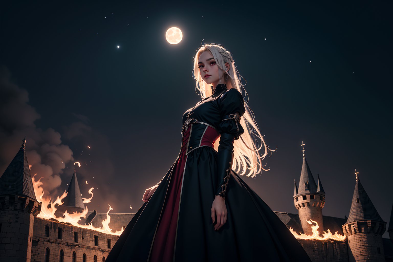 art paint of a young girl, evil girl , hair white , long hair, black full eyes, long red and white dress , emotionless, looking at viewer, medieval clothing, posing, high angle, castle background (con una luna de sangre de fondo), apocalips, fire 