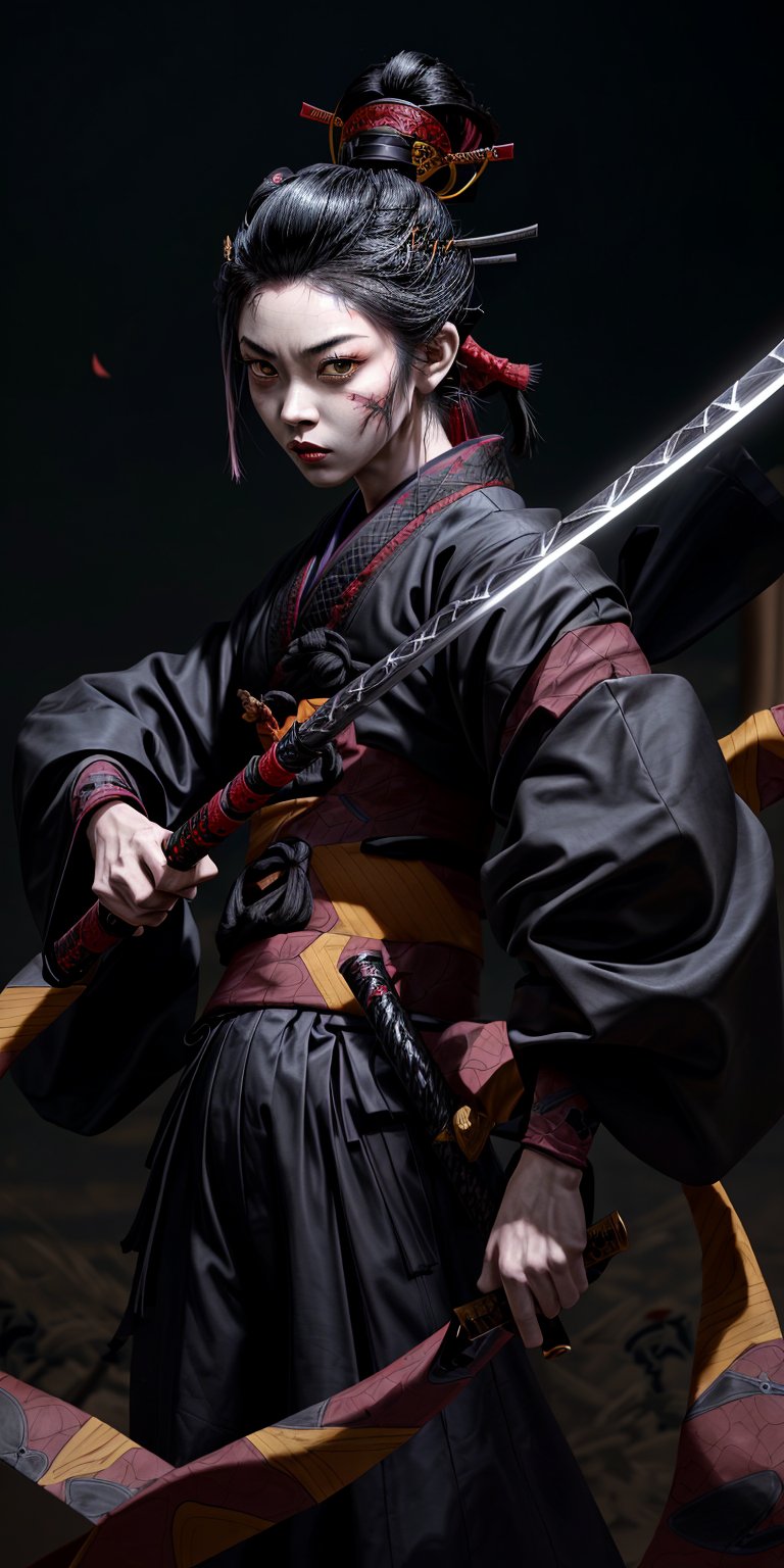 samurai , guerrero , asesino , katana , haori , amascara de zorro , hd , 8k , alta definicion , pelo oscuro , manos bien formadas , luna negra, templo japones  , demonio (decapitado)