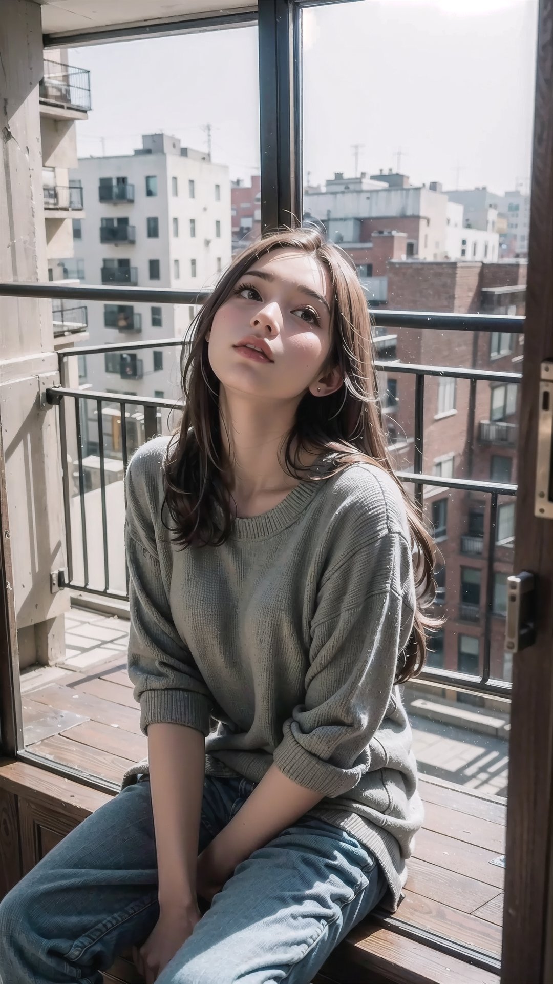 (masterpiece), apartment, window, dull colors, 1 girl, sitting outside the balcony, long brown hair, black eyes, baggy clothes, casual, looking up at the sky, (Hyperrealistic textures),