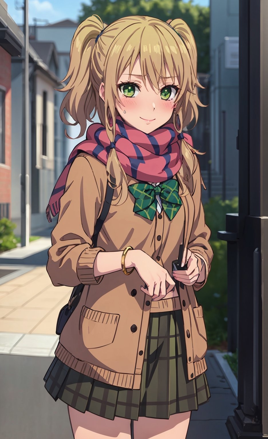 (masterpiece:1.2), ultra detailed, best quality, , Aihara, gyaru, green uniform, scarf, bowtie, shops, street, smile, blush, looking at viewer, cowboy_shot