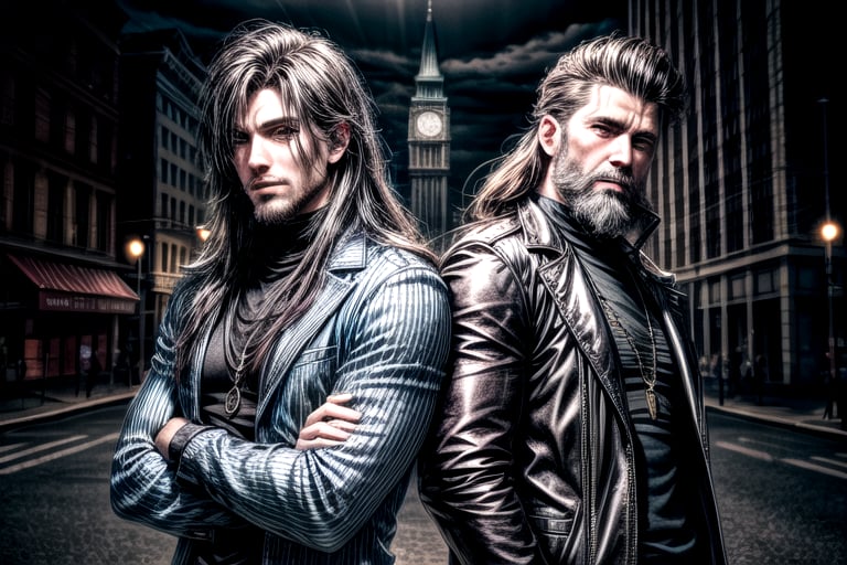 2_men standing posed for music cover/album, beards, rapper style, symetrical face, white_men, long hair, anime_style, manga_book_cover, ripped clothing, (red and black), (blue and black), black_hair_brothers, guns, cityscape, 8k, 16k, detailed_face, detailed_eyes, masterpiece, 