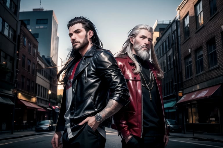 2_men standing posed for music cover/album, beards, rapper style, symetrical face, white_men, long hair, manga_book_cover, ripped clothing, (red and black), (blue and black), black_hair_brothers, guns, cityscape, 8k, 16k, detailed_face, detailed_eyes, masterpiece, 