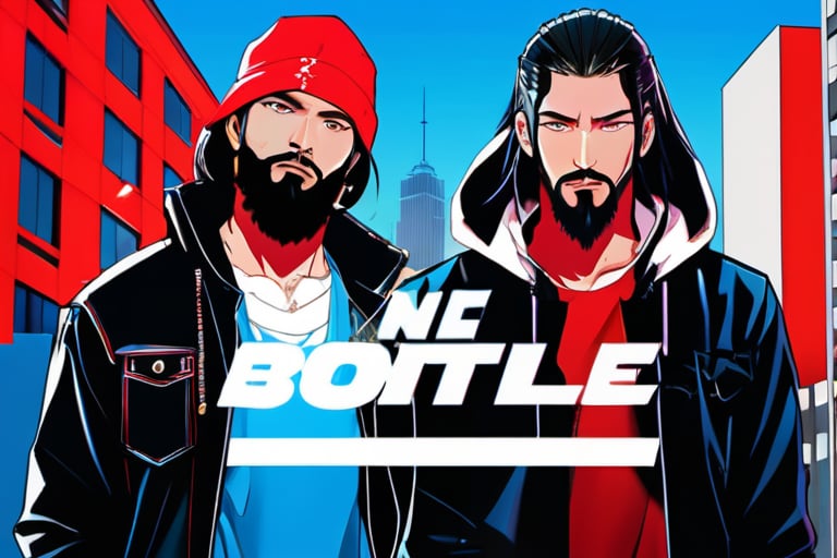 2_men standing posed for music cover/album, beards, rapper style, symetrical face, white_men, long hair, anime_style, manga_book_cover, ripped clothing, (red and black), (blue and black), black_hair_brothers, guns, cityscape, 8k, 16k, detailed_face, detailed_eyes, masterpiece, 