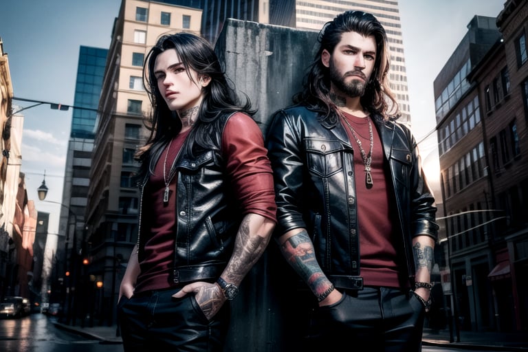 2_men standing posed for music cover/album, beards, rapper style, symetrical face, white_men, long hair, manga_book_cover, ripped clothing, (red and black), (blue and black), black_hair_brothers, tattoos, cityscape, 8k, 16k, detailed_face, detailed_eyes, masterpiece,(most detail),(best detail), perfict eyes, perfict face,