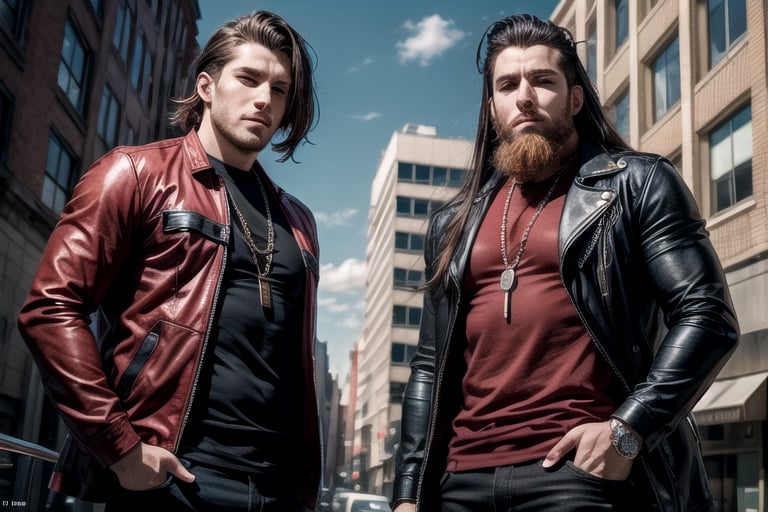 2_men standing posed for music cover/album, beards, rapper style, symetrical face, white_men, long hair, anime_style, manga_book_cover, ripped clothing, (red and black), (blue and black), black_hair_brothers, guns, cityscape